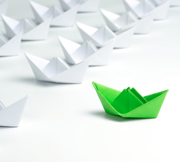 Quarterly Newsletter May 2022 greening of the seeways article showing a green origami boat leaving all the white boats behind